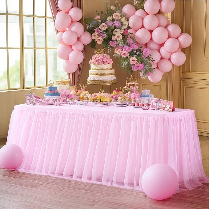 Pink Tablecloth for 6 Foot Rectangle Table, Pink Tulle Table Skirt Cover 6ft Wedding Table Cloths Baby Shower Tutu Ruffle Desk Skirt Bridal Shower Banquet Tulle Table Cloth for Party Decoration
