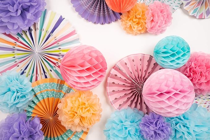PapaKit 26pc Deluxe Large Multicolor Party Decoration Set - Vibrant Tissue Paper Pom Poms, Honeycomb Balls & Hanging Paper Fans Backdrop - Festive Decor for Birthday, Baby Shower, Fiesta & Photo Booth