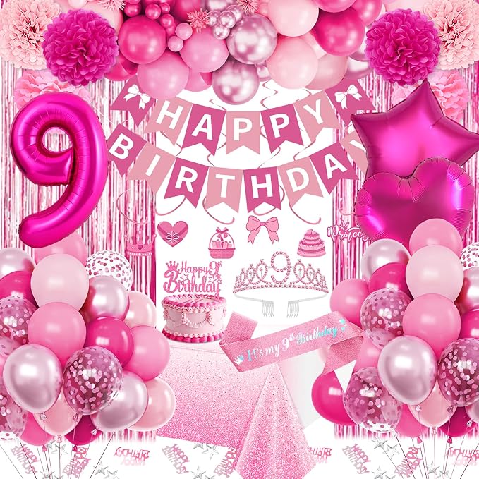 9th Birthday Decorations for Girls, Pink Party Decorations with Number 9 Balloon Happy Birthday Banner Bday Sash Crown Tablecloth Fringe Curtain Hanging Swirl for 9 Balloons for Bday Girl