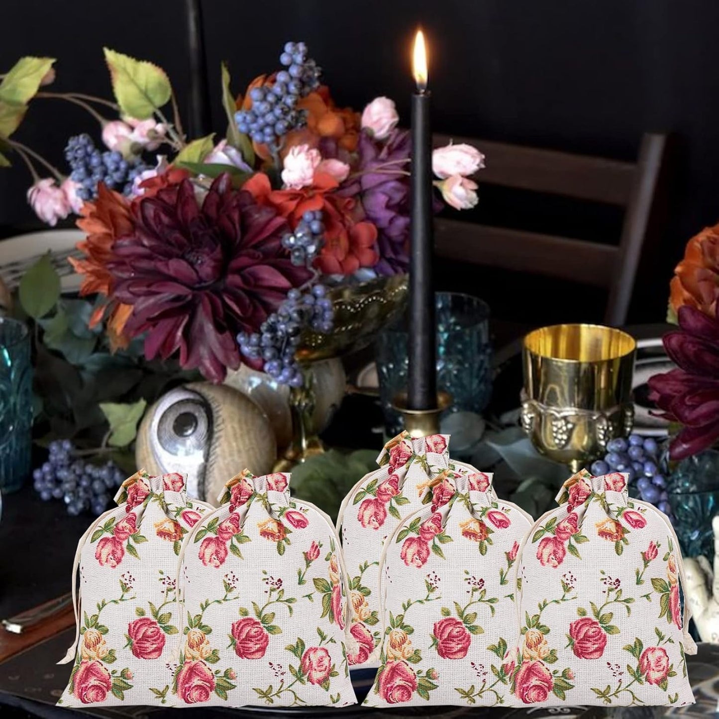 Rose Peony Flower Gift Treat Bags Drawstring Gift Bag Vintage Floral Favor Goodies Bag for Birthday Party ,Mother's Day, Valentine's Day, Wedding,Bridal Shower,Spring Easter Party Decorations