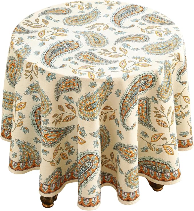 patdrea Vintage French Linen Tablecloth,Round,Diameter 55"-Lysaniya | Colorful Elegant Table Cloth for Round Table,Paisley Patterned,Dining Room Tea Party Thanksgiving Decor,Stain Resistant