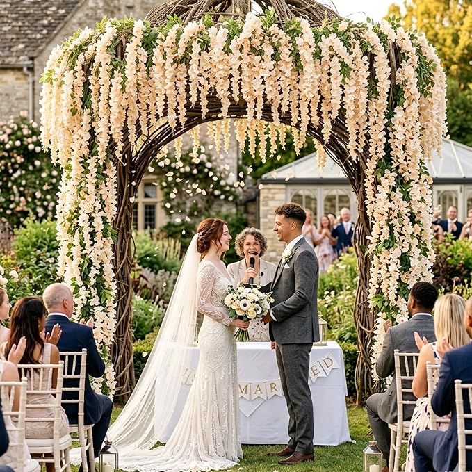 Artificial Wisteria Hanging Flowers Fake Wisteria Flower Garland Silk Vines Rattan Decor for Home Wedding Arch Wall Garden Greenery Bedroom Outdoor Office Party Decoration (24, Champagne)