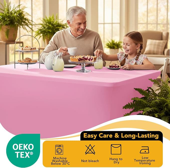 8-Pack Premium Pink Spandex Tablecloths for 6ft Rectangle Tables, Stain & Wrinkle-Resistant, Washable Stretch Polyester Fitted Table Cover for Weddings, Banquets, Trade Shows Events