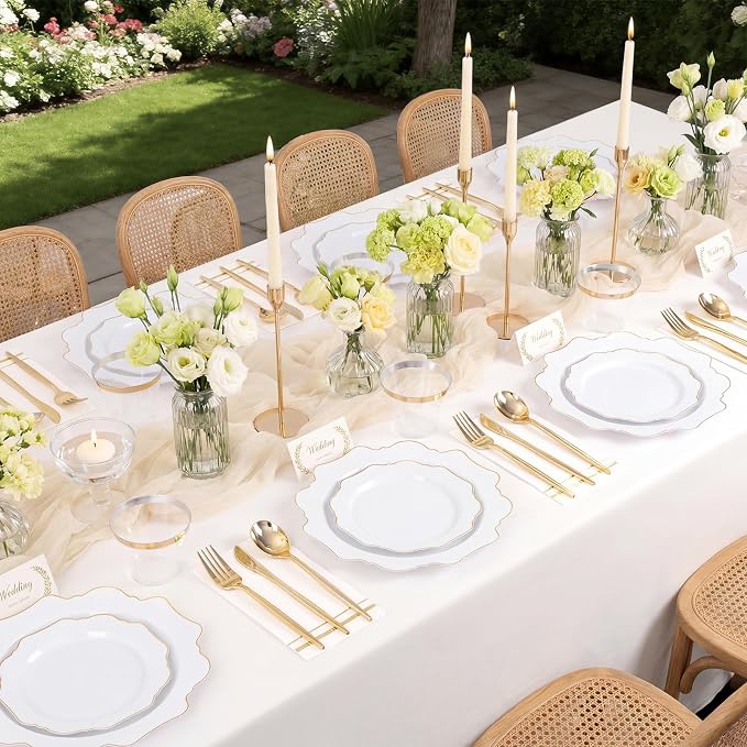 WDF 350PCS White and Gold Plastic Plates - Gold Plates Disposable 50Guest Plastic Dinnerware Ideal for Party/Wedding/Birthday