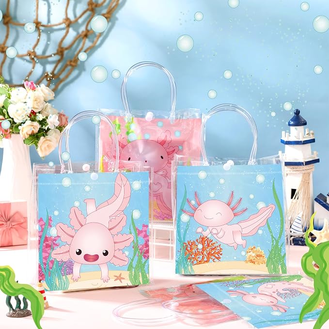 Teenyyou 24 Pcs Axolotl Party Favor Bags Amphibian Clear PVC Gift Bags with Handles for Birthday Party Decorations