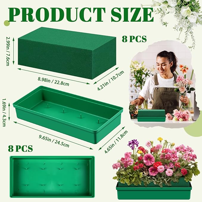 Teenyyou 8 Pack Large Size Floral Foam with Bowl 9.65" l x 4.65" W x 3" H Rectangle Wet Floral Foam Cage Blocks Flower Arrangements Supplies for Table Party Festival Flower Decor