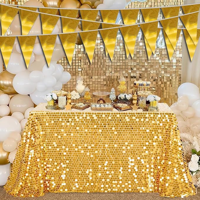 40M/130FT Gold Triangle Pennant Banner Flag Metallic Fabric Bunting Garland for Christmas Graduation Wedding Engagement Anniversary Bachelorette Birthday Bridal Shower Valentines Hen Party Supplies