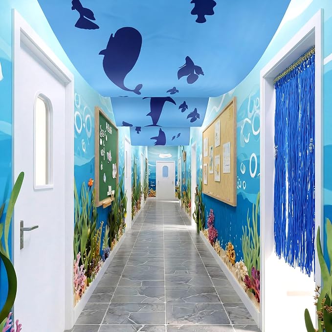 VioraWhite 6 Pcs Under the Ocean Ceiling Decorations Shark Themed Birthday Party Decorations 24 Inch x 12 ft Whale Shark Banners Marine Sea Animal Ceiling Covers for Baby Shower Daycare Classroom