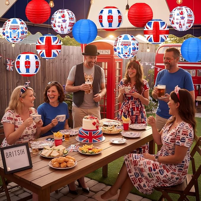 Panelee 12 Pcs British Party Decoration Britain UK England Flag Theme Hanging Paper Lanterns with London Double Decker Bus Telephone Booth Lanterns Decorative for Hanging Coronation Party Decor