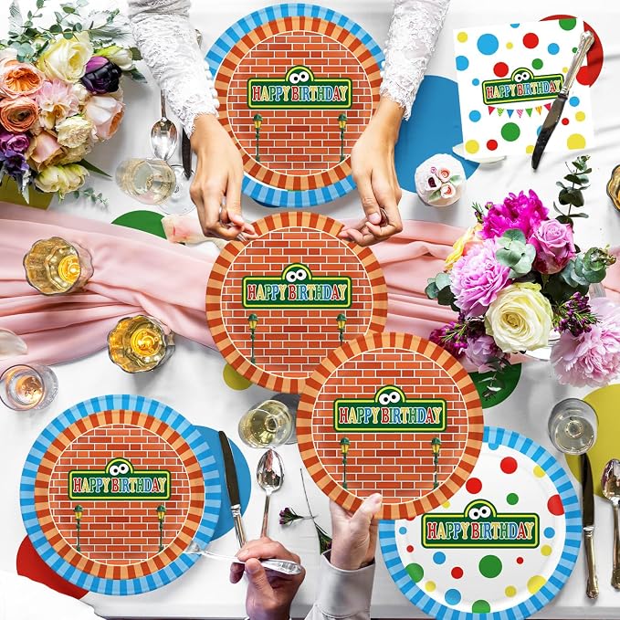 104pcs Birthday Party Decorations Cute Theme Tableware Set Include 9 Inches Plates, 7 Inches Plates, Happy Birthday Banner, Ballons, Napkins, Cups, Tablecloth, Cake Toppers and Cupcake Toppers
