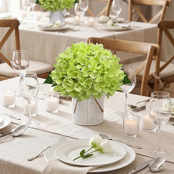 Flower Table Centerpieces - Set of 6 Floral Arrangement Artificial Wedding Hydrangeas Floral Arrangement with Rustic Metal Vase for Bridal Tea Party Event Decorations - Light Green