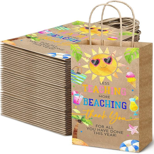 Tenceur 50 Pcs End of The Year Gift Bags Summer Party Gift Bags End of Year Kraft Bag Thank You Treat Supplies with Handle Appreciation Teacher Bag from Student for Graduation Summer Beach(Bright)