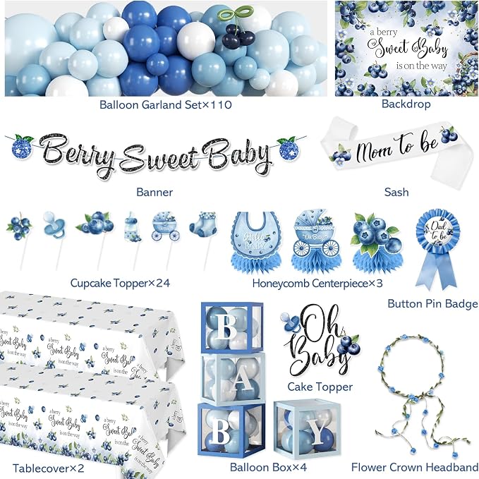 Blueberry Baby Shower Decorations, Worry-Free One-Stop Set Serves 25 Guests, with Blueberry Balloons Arch Kit, Backdrop, and Cake Toppers, Easy Setup for Berry Sweet Baby Shower Decorations