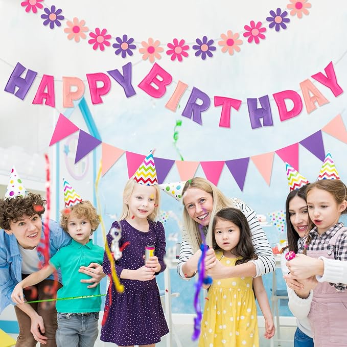 YEOCU Happy Birthday Decorations, No DIY, Pre-Strung 3D Banner | Pink&Purple, 3D felt banner, flower garland & flags. No DIY, reusable for kids & women.