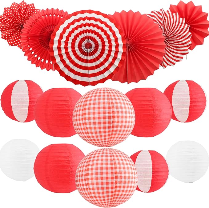16 Pcs Picnic Party Decorations Kit, Hanging Red and White Checkered Paper Lanterns Paper Fans for Summer Barbecue Birthdays Holidays Picnic Party Supplies