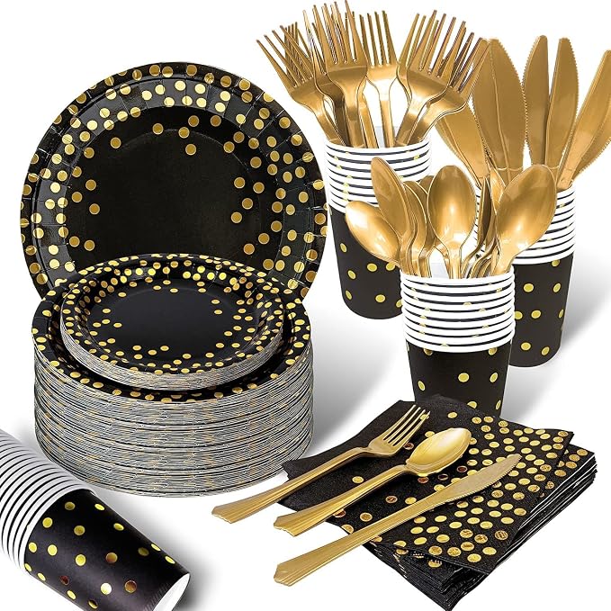 AIRE Black Gold Paper Plates Set, 175PCS Disposable Tableware for 25 | Thick food-grade paper,ideal for elegant weddings birthday graduations,leakproof heavy-duty,eco-friendly party supplies