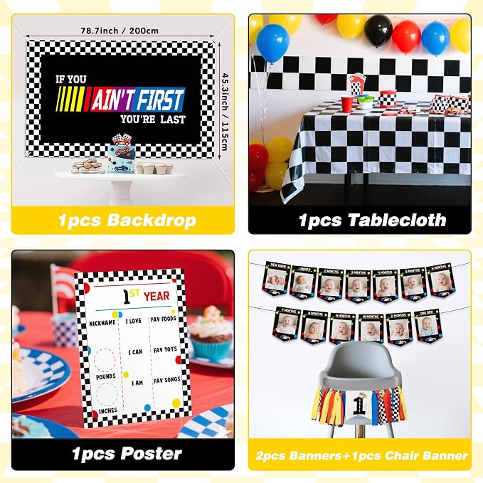 Fast One Birthday Decorations for Boys - 1st Race Car Theme Party Supplies for Baby Shower Decoration Include Birthday Hat Cake Topper Backdrop Tablecloth Photo Banner Arch Balloon Boxes Poster