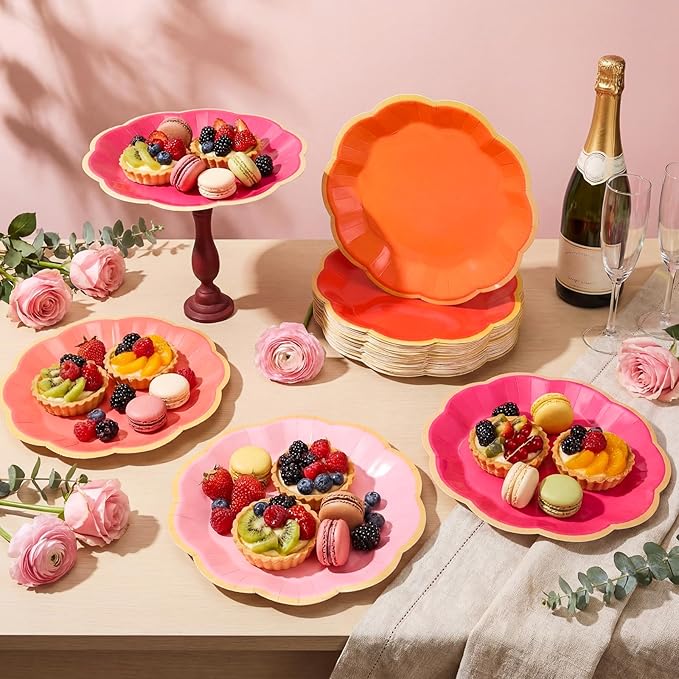 72 Pcs Pink and Orange Paper Plates 9 Inch Pink and Orange Scalloped Paper Disposable Dinner Dessert Plates for Birthday Wedding Bridal Party Supplies, 6 Colors