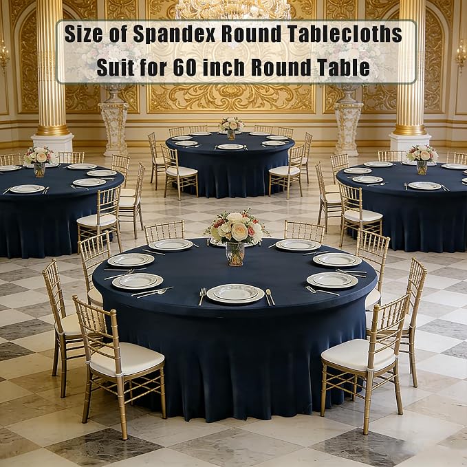 10 Pack Navy Blue Spandex Round Tablecloths for 60inch Tables, 120 Inch Stretchy 5ft Round Fitted Tablecloth Washable Table Cloths Table Covers with Skirt for Wedding Party Birthday Banquet