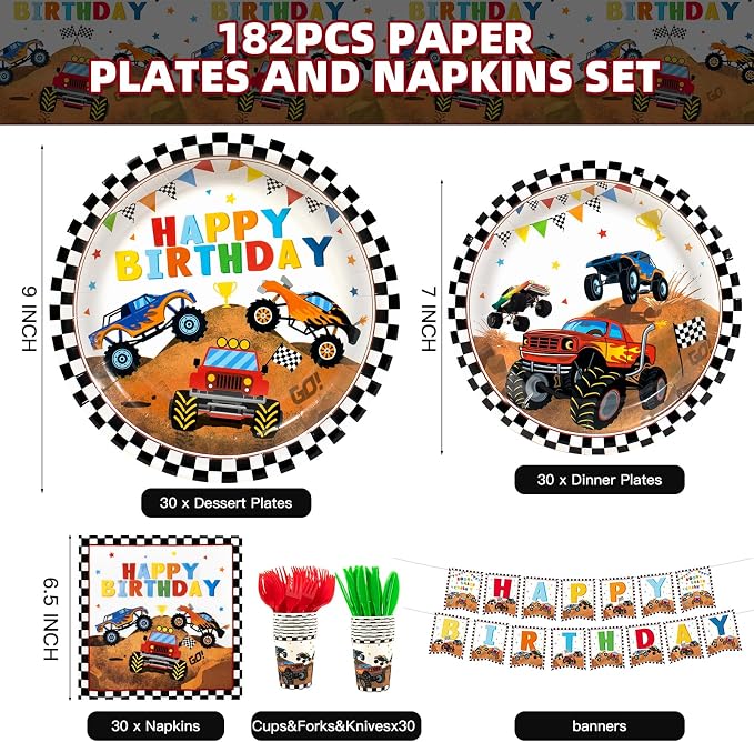 182pcs Monster Truck Party Supplies,Kids Birthday Plates and Napkins Set for Boys Birthday Party Decorations,Serves 30 Guests