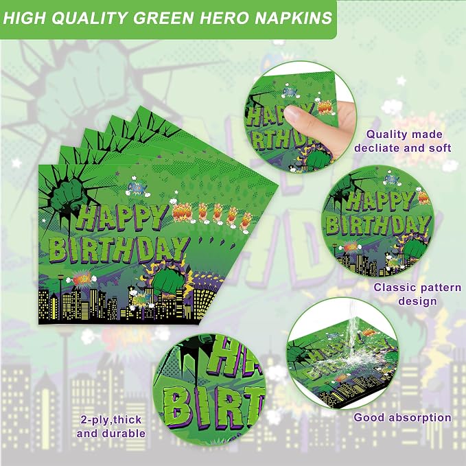 120 PCS Green Hero Party Decorations Include Plates Napkins and Knife and Fork Green Hero Party Supplies Serves 20