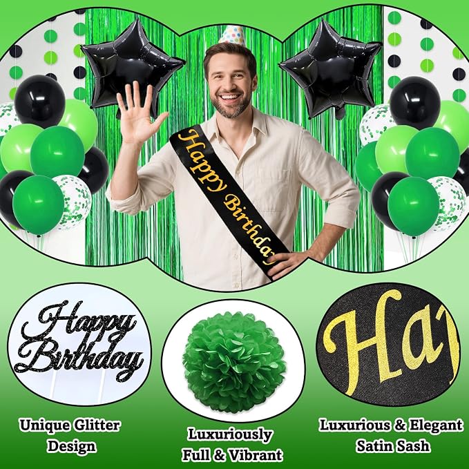 Green and Black Birthday Decorations, 50PCS Happy Birthday Decorations for Men with Banner Balloons Sash Foil Fringe Curtain Paper Pompoms, Green Party Decoration Party Supplies for Mens Boys Kids