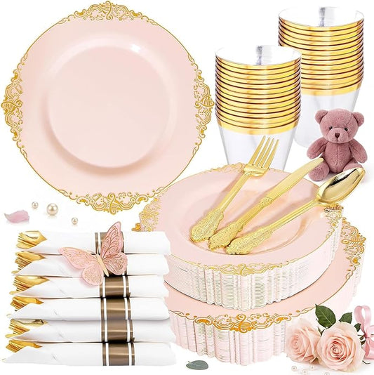 Nervure 175PCS Pink Plastic Plates - Disposable Pink Gold Party Plates & Pre Rolled Napkins with Cutlery for 25 Guests, 50Plates, 75Silverware, 25Cups, 25Napkin for Wedding & Party & Mother's Day