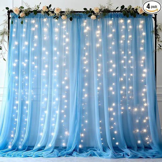 Ledido 2 Pack 10×8ft Blue Tulle Backdrop Curtains with Lights String - 600LED Fairy Lights Sheer Curtain Backdrop for Wedding Baby Shower Photo Shoot Birthday Party Decoration(4 Panels 5×8ft)，Blue