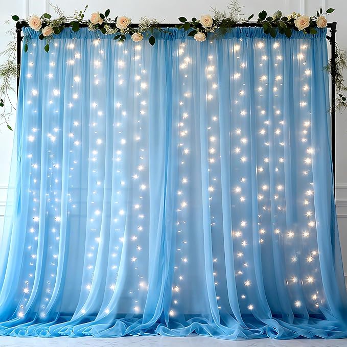 Ledido 3 Pack 10×10ft Blue Tulle Backdrop Curtains with Lights String - 900LED Fairy Lights Sheer Curtain Backdrop for Wedding Baby Shower Photo Shoot Birthday Party Decoration(6 Panels 5×10ft)，Blue
