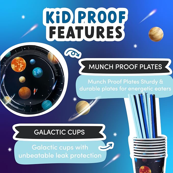 ecoZen Austranaut Birthday Party Decorations - Space Themed Supplies for 16 Guests, Includes Plates, Cups, Napkins, Banner, Cutlery, Balloons, Tablecloth, Straws, Toppers