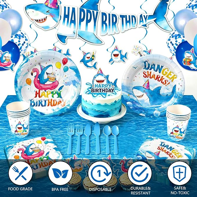 190pcs Shark Plates Napkins Party Supplies Decorations Disposable Tableware Set Include Cups Cutlery Cake Cupcake Topper Banner Hanging Swirl Balloon Tablecloth for Shark Birthday Decorations Serve 20