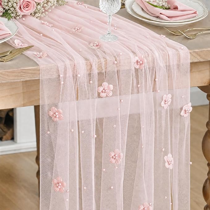 Artoid Mode Pink Flower Pearl Pink Gauze Table Runner 10FT, Seasonal Sheer Dining Holiday Wedding Birthday Baby Shower Table Decor for Home Party
