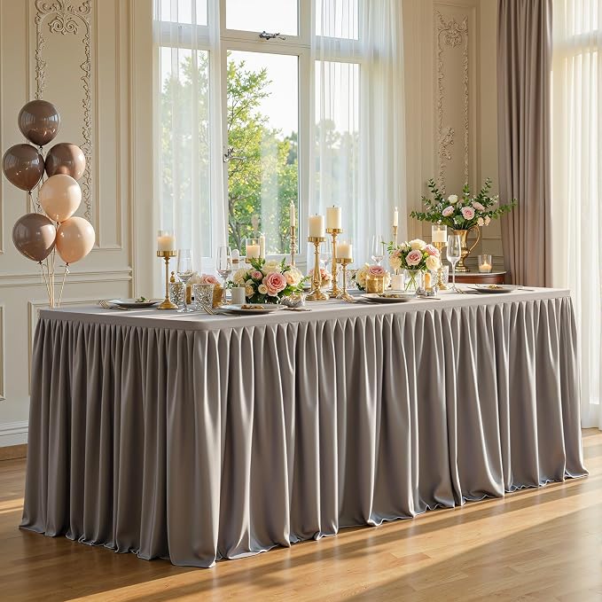PARTISKY 6 Pack Natural Tablecloths for Rectangle Tables 8ft, Wrinkle Resistant Spandex Table Cover Fitted Stretch Table Cloth with Pleated Ruffle Skirts for Party Banquet Dining Birthday Wedding