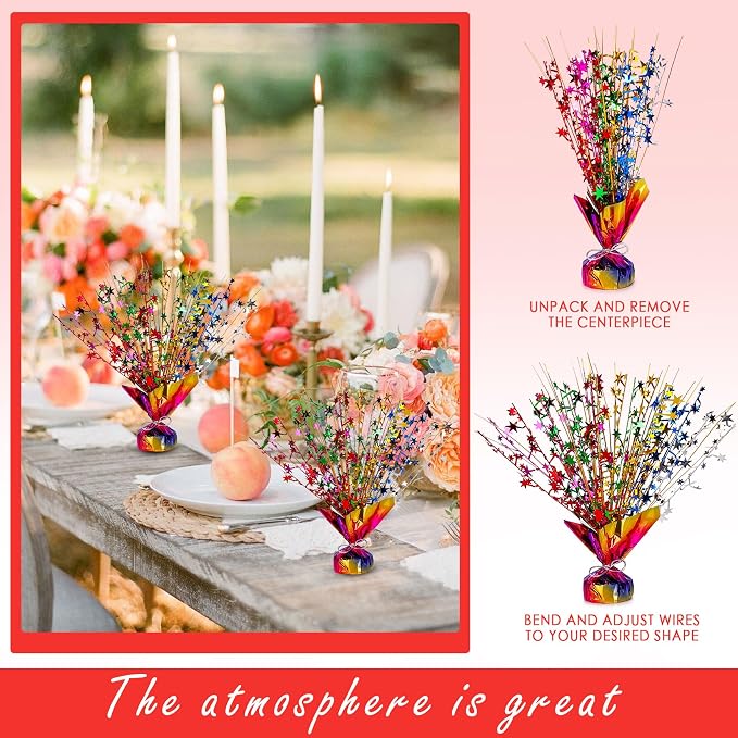 Metallic Star Spray Centerpieces 8 pack for Tables - Bulk 12.4" Foil Fountain Table Decorations for Large Events, Graduation 2026, Wedding Reception (Iridescence)