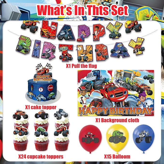 42Pack Blaze and the monster Party Supplies Kit Set Include Banner ,Cake Topper ,Backdrop ,Balloons for Party Decorations (YE4)