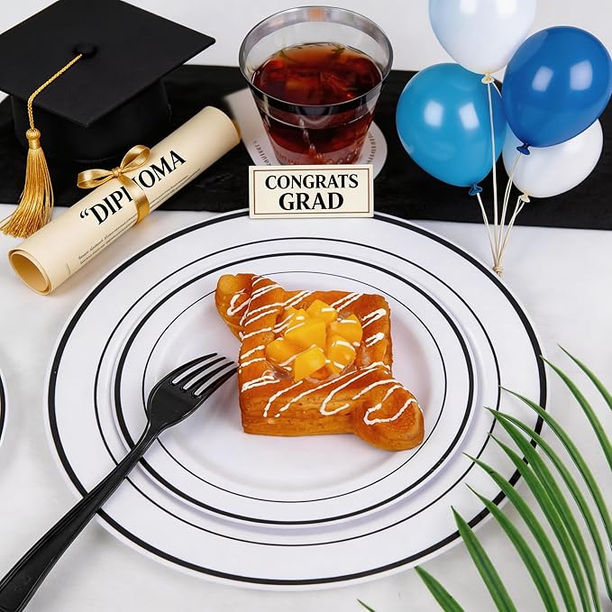 WELLIFE 210Pcs Black Plastic Dinnerware with Pre Rolled Napkins, Include:30 Dinner Plates, 30 Dessert Plates, 30 Paper Napkins, 30 Cups, 90 Plastic Cutlery
