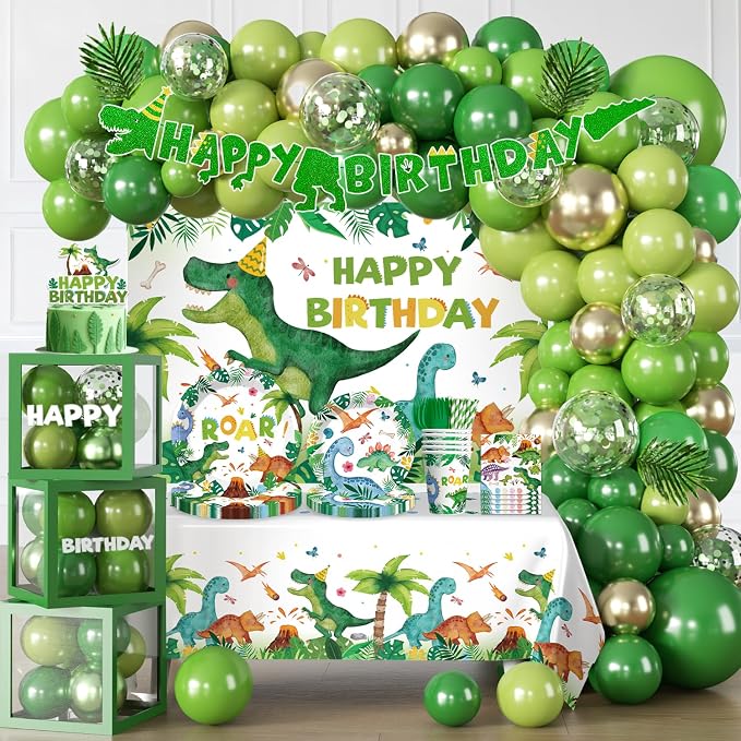 268Pcs Dinosaur Birthday Party Decorations, All-in-One Dinosaur Party Decorations Set for 25 Guests with Balloon Garland Arch, Plates, Tablecloth, Cake Topper, Backdrop, Napkins, Glitter Banner