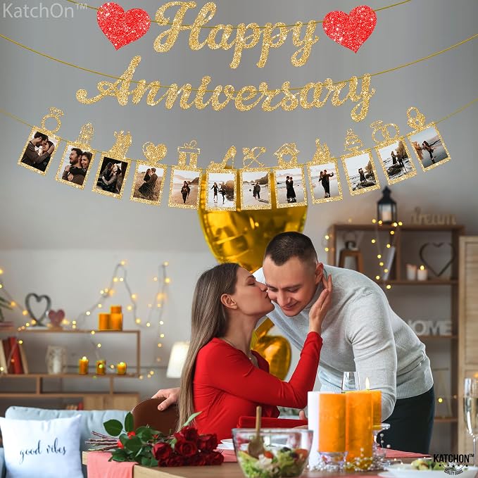 KatchOn, Glitter Happy Anniversary Photo Banner - Huge, 10 Feet, 2 Strings | 1000 Pcs Artificial Red Rose Petals - Silk, Fake Rose Petals for Romantic Night for Her Set, Wedding Anniversary Banner
