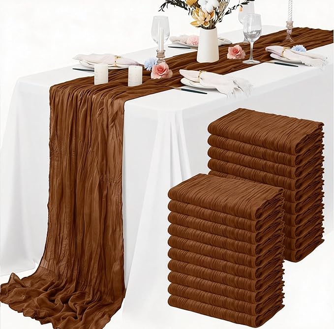 20 Packs Cheesecloth Table Runner 10FT Long Boho Gauze Fabric Table Runner Vintage Rustic Sheer Runners for Wedding Party Bridal Baby Shower Table Decorations (Brown)