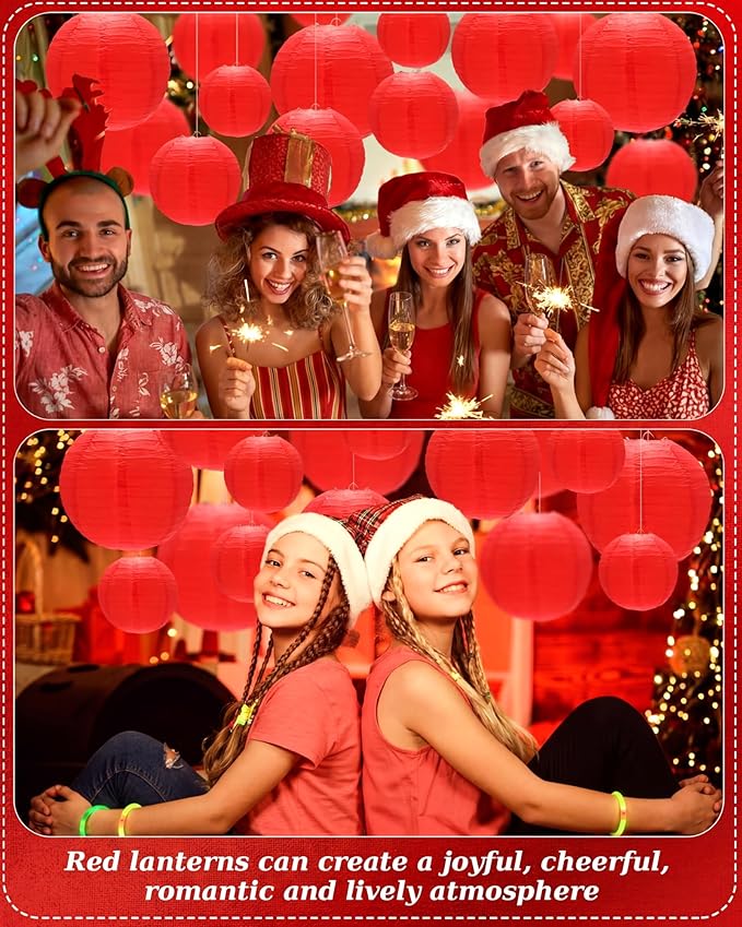 Treela 48 Pcs Paper Lanterns Party Decorations Chinese Round Paper Decor 4/6/8/10 Inch Asian Hanging Lamps Decorative for Graduate Wedding Birthday Party Bridal Parties Supplies(Red)