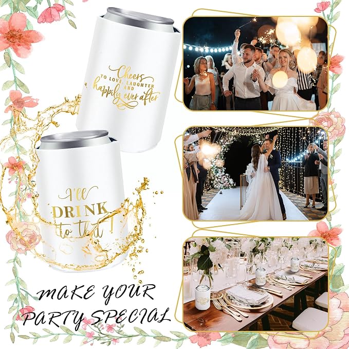 SiliFine 101 Pcs White Wedding Can Cooler Bulk Engagement Party Favors for 100 Guests Cheers to Love Laughter, and I'll Drink Can Cooler with Wooden Wedding Table Sign Bridal Shower Favor