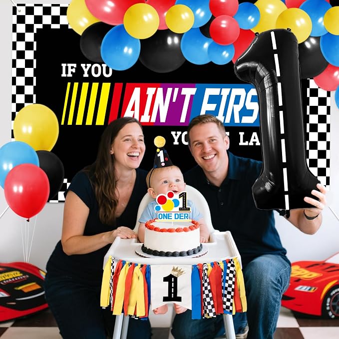 Fast One Birthday Decorations for Boys - 1st Race Car Theme Party Supplies for Baby Shower Decoration Include Birthday Hat Cake Topper Backdrop Tablecloth Photo Banner Arch Balloon Boxes Poster