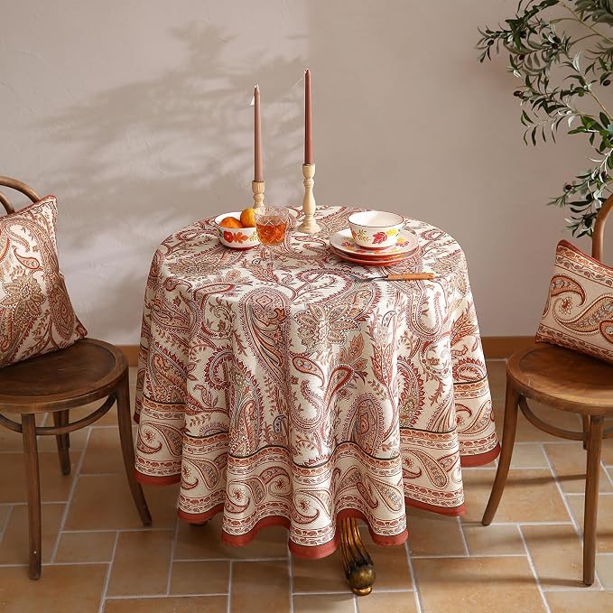 ISAENNE Designer Vintage Round Linen Tablecloth,Diameter 55"-Chauffrey D | Vintage French Table Cloth Round Table,Cashew Pattern,Durable,Heavyweight,Dining Room,Kitchen,Tea Party,Thanksgiving