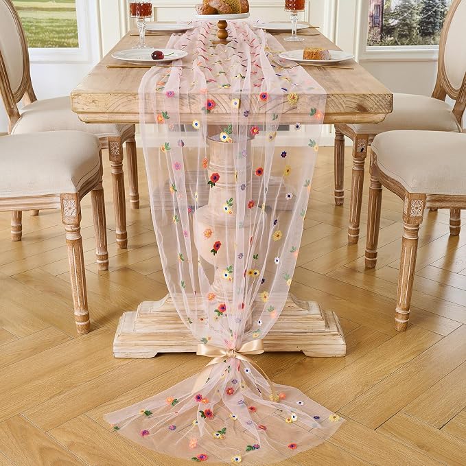 BINBE 12pcs Daisy Spring Table Runner Embroidery Gauze 10FT Florals Seasonal Tulle Holiday Birthday Kitchen Dining Table Decor for Home Party Pink