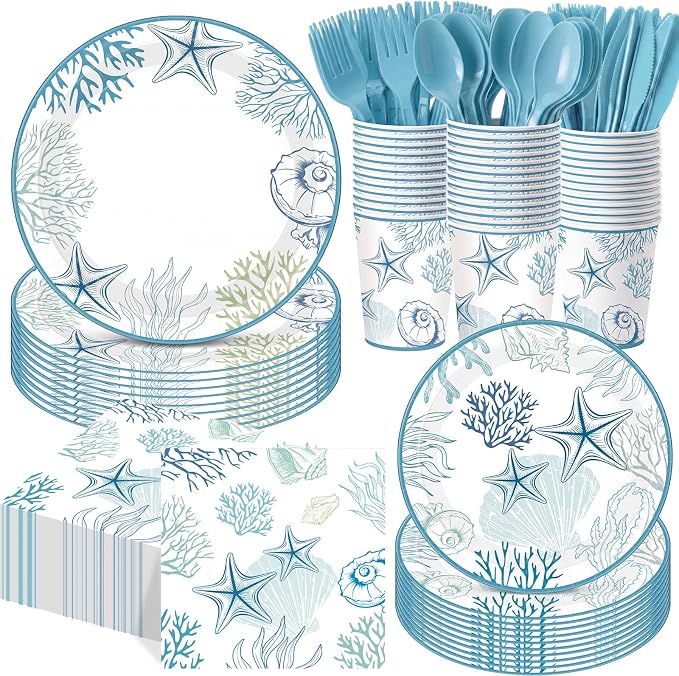 Funnymoom 400 Pcs Ocean Seashell Party Supplies for 50 Guests Blue White Coastal Beach Disposable Plates Napkins Cups Spoons Forks Knives for Summer Wedding Tea Party Bridal Baby Shower