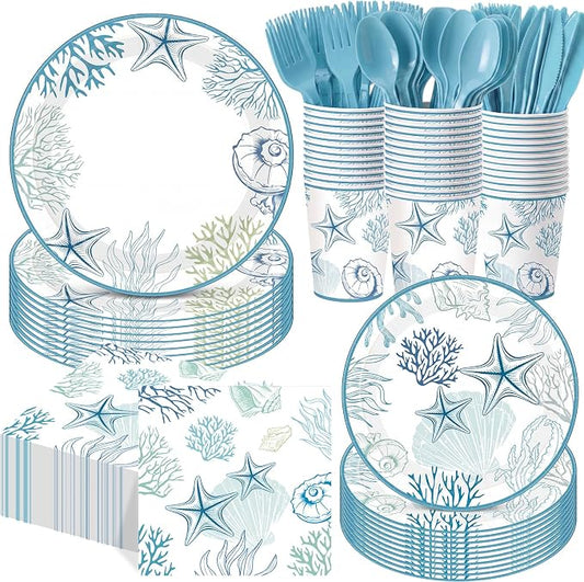 Funnymoom 400 Pcs Ocean Seashell Party Supplies for 50 Guests Blue White Coastal Beach Disposable Plates Napkins Cups Spoons Forks Knives for Summer Wedding Tea Party Bridal Baby Shower