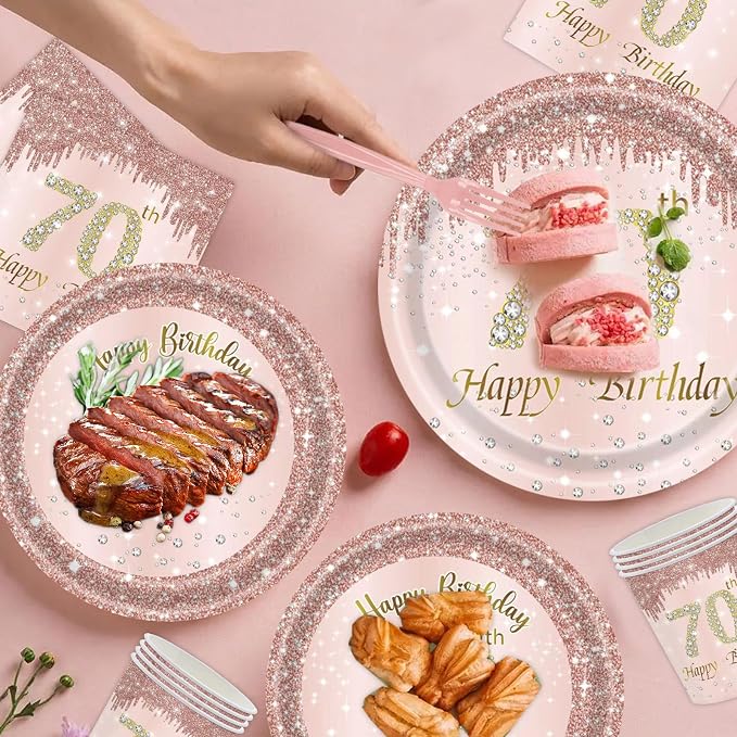 121Pcs 70th Birthday Party Supplies Plates Napkins Cups Forks Tablecloth Rose Gold Happy 70th Birthday Themed Disposable Tableware Decorations Serves 24 Guests for Women 70 Years