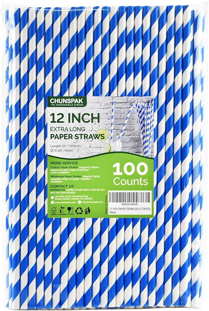 12 Inch Disposable Paper Drinking Straws Large and Tall, 8mm Wide - for Long Drinks, Smoothies, Milkshakes - Blue, 100 Counts - Eco-friendly