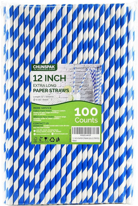 12 Inch Disposable Paper Drinking Straws Large and Tall, 8mm Wide - for Long Drinks, Smoothies, Milkshakes - Blue, 100 Counts - Eco-friendly