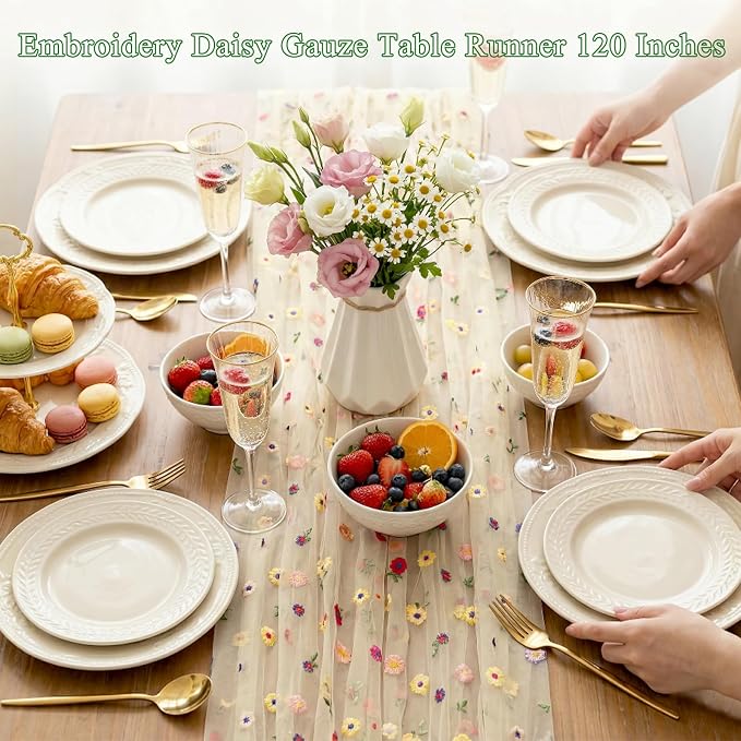 QueenDream 3 Packs Champagne Table Runner Sheer Tulle Gauze Embroidery Daisy Table Runner Fabric for Wedding Home Party Holiday Table Decortaions